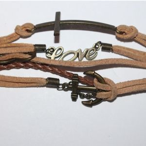 Love, Infinity, anchor bracelet Brown suede and brass 7"